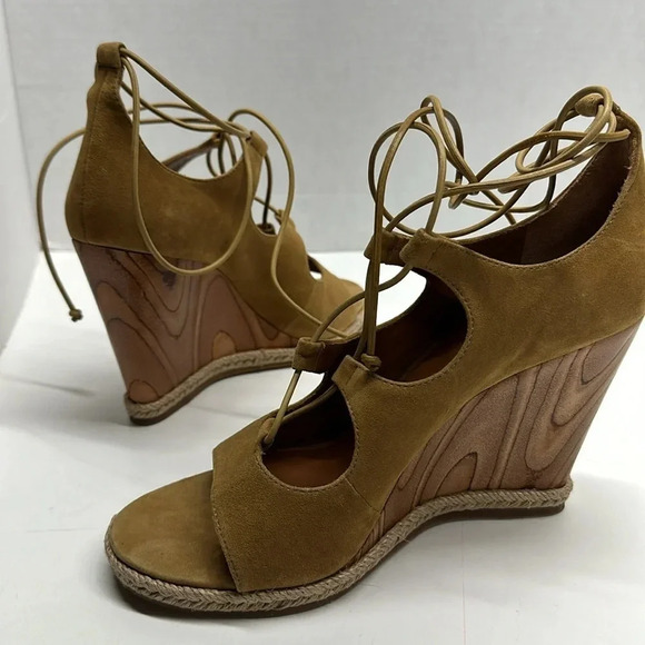 Tory Burch Raya Suede Lace Up Wedges Heeled Heels Tan Brown Open Toe Sandals 9.5 - Picture 7 of 10